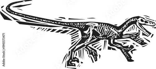 Woodcut style image of a Running Velociraptor Fossil
