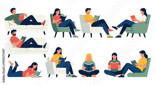 People reading books in different sitting and lying positions flat vector