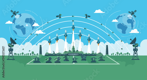 A flat 2D illustration depicting a missile defense concept with planes and missiles flying around a protected zone, against a backdrop of clouds, globes, and a green landscape with a subtle