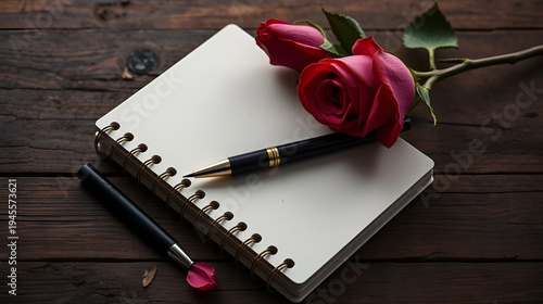 pen,notebook and deadrose