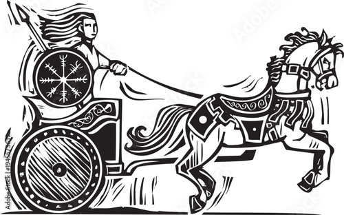 Woodcut style image of a the celtic Brigid in a chariot 