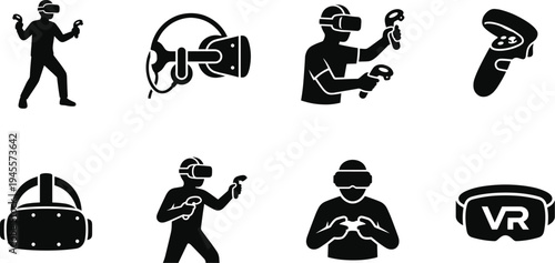 Professional Virtual Reality Icon Set Featuring People Wearing VR Headsets Gaming Simulation and Augmented Reality Technology Silhouettes