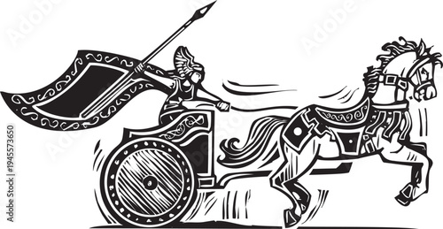woodcut style image with a norse Valkyrie in a chariot Chariot