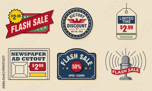 1940s style retail advertising with victory discount badge vintage microphone and world war era newspaper advertisement cutouts