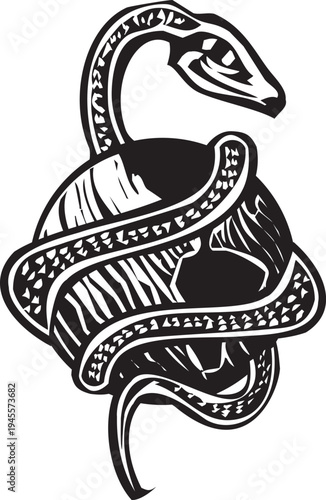 Woodcut style image of a snake wrapping the earth in its coils