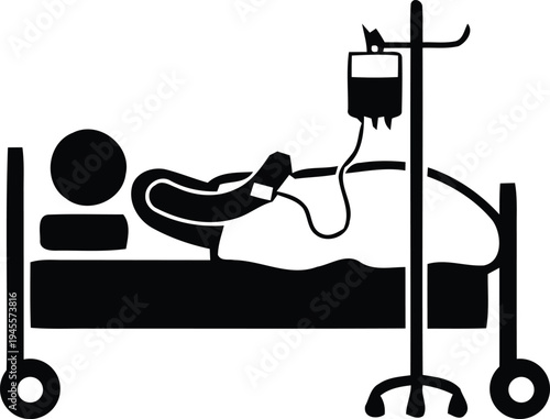 Patient in hospital bed with IV drip, medical care icon