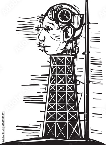 Woodcut style image of a tower being constructed with a head on top with a bomb in its brain