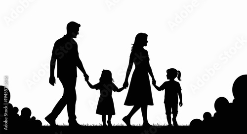 Family Silhouette Walking Together Hand in Hand.