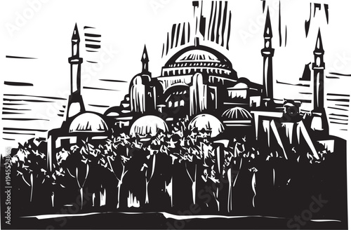 Woodcut style image of the Hagia Sophia in Istanbul