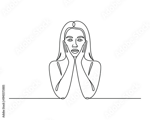 Continuous one line drawing of a woman with long hair gently touching her face with surprised expression