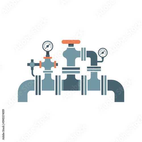 An illustration of industrial pipes and valves with gauges