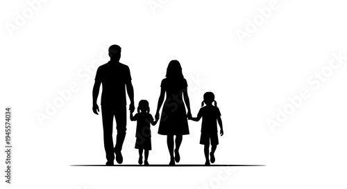 Family Silhouette Walking Together Hand in Hand.
