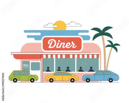 Retro style diner with colorful cars parked outside under a sunny sky with palm trees