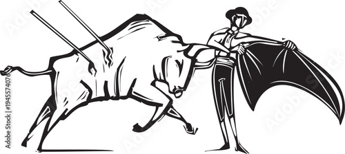 Woodcut style image of a matador at a bull fight