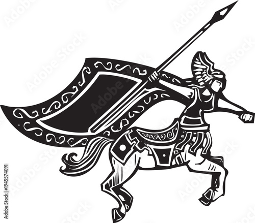 Woodcut style image of a female centaur