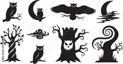 Halloween Silhouette Icons of Owls and Spooky Trees Collection