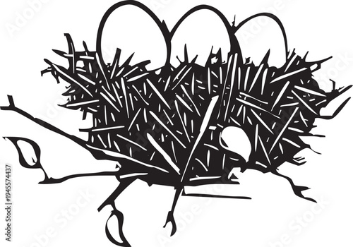Woodcut style image of a birds nest filled with eggs