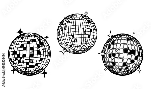 Disco mirror ball stars black white vector set