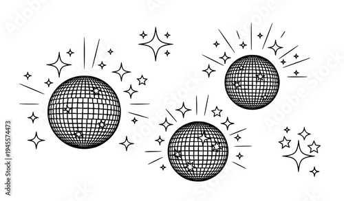 Black and white disco ball stars retro party vector set
