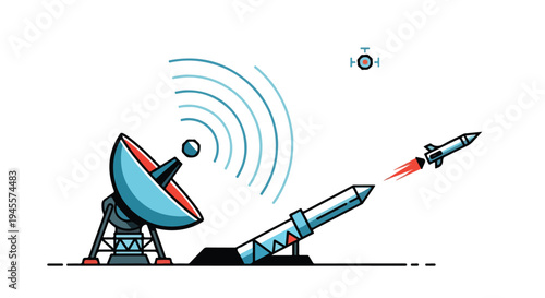 Flat 2D illustration of a missile defense concept with a satellite dish launching a rocket into space against a clean white background.