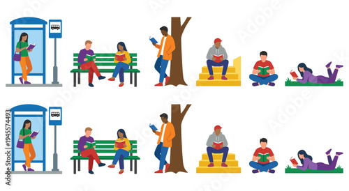 People reading books in public spaces and outdoor locations flat vector set