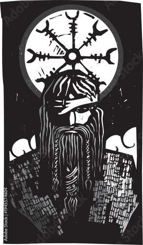 Woodcut style image of the Norse God Odin and Wheel Symbol