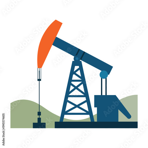 An oil pumpjack in operation on a green landscape background