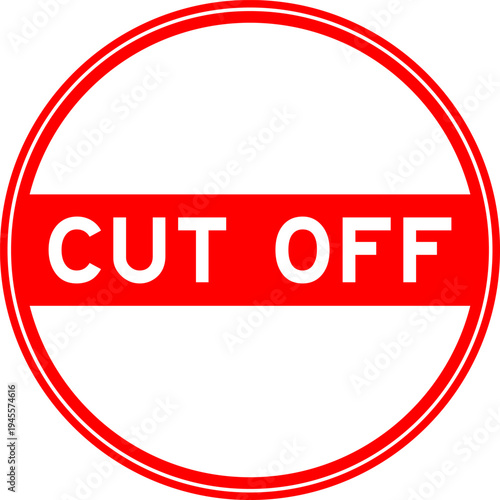 Red color round seal sticker in word cut off on white background