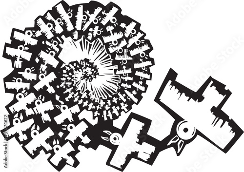 Woodcut style image of spiraling birds in flight