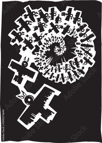 Woodcut style image of spiraling birds in flight