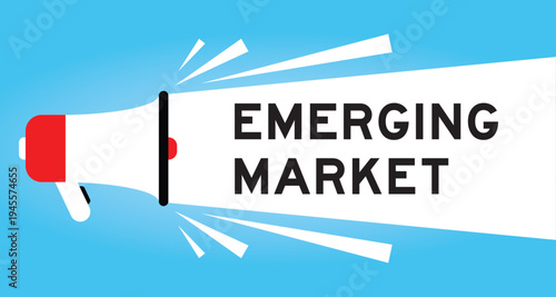 Фотография Color megaphone icon with word emerging market in white banner on blue backgroun