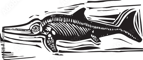 Woodcut style Ichthyosaur Dinosaur Fossil