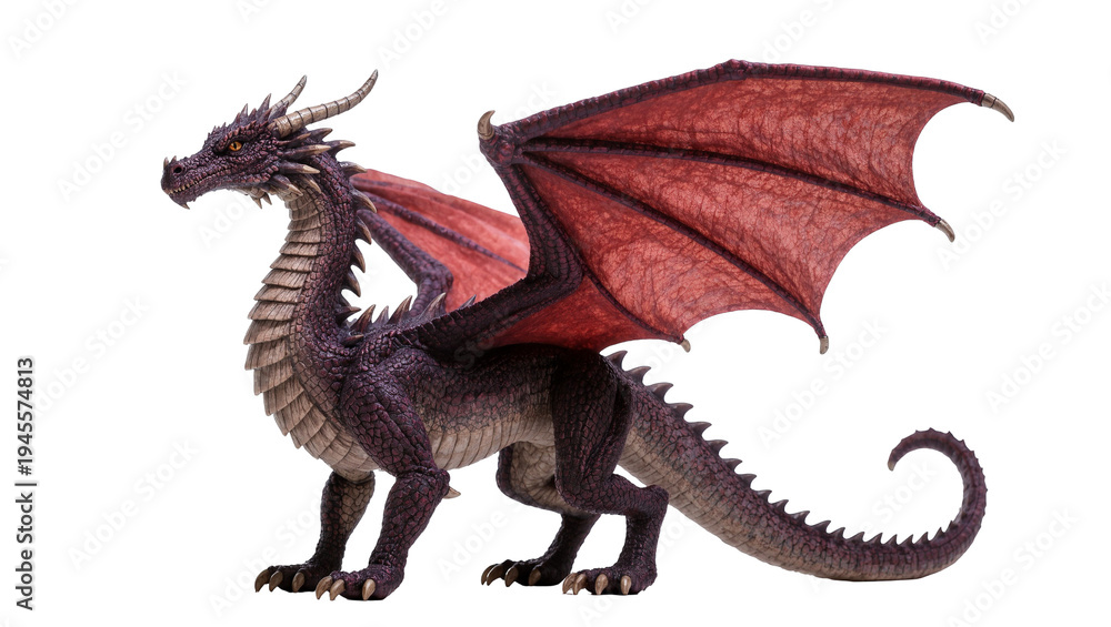 Naklejka premium Isolated powerful fantasy dragon with purple scales and majestic red wings, mythical beast