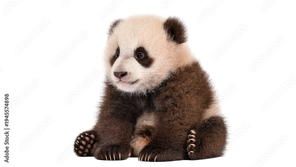 Obraz premium Isolated adorable fluffy baby giant panda cub sitting gently, looking curious