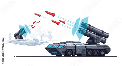 A futuristic defense vehicle with missile launchers and a shield, depicted in a flat 2D illustration with a concept design, showcasing a sci-fi inspired defense system against a clean white