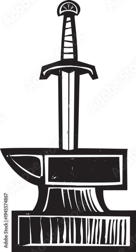 Woodcut style image of a sword stuck in an anvil