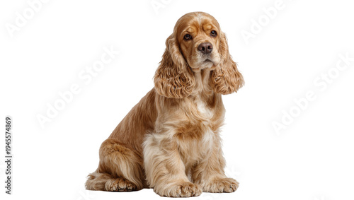 Bild auf Leinwand Isolated beautiful golden Cocker Spaniel dog sitting and looking intently at cam