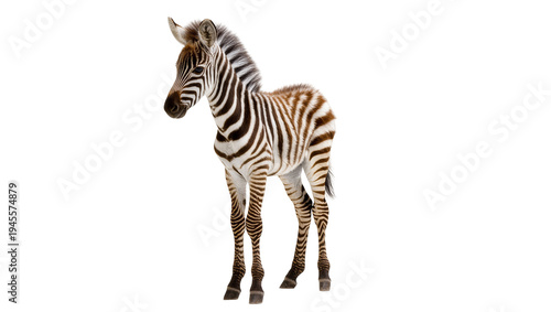Canvas Print Isolated young zebra foal, a cute striped baby animal standing elegantly, full length