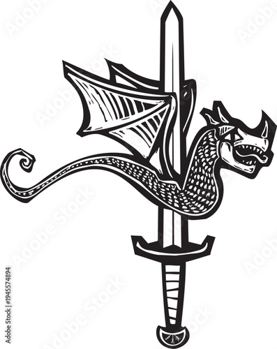 Woodcut style image of a sword piercing a dragon with wings