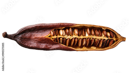 Fotografía Isolated natural organic dried dark brown open seed pod full of healthy edible s