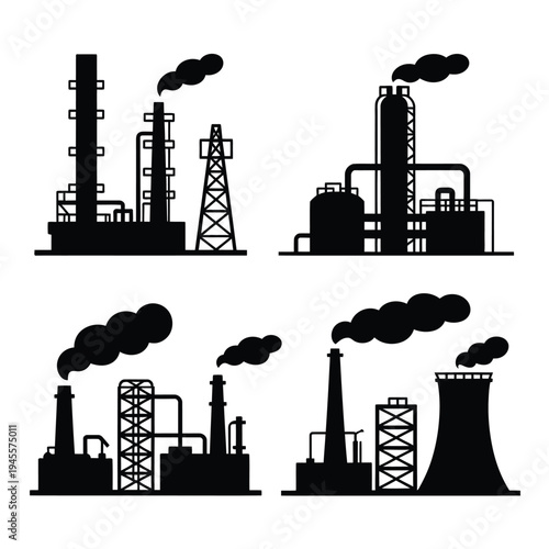A black and white illustration of industrial factories and power plants
