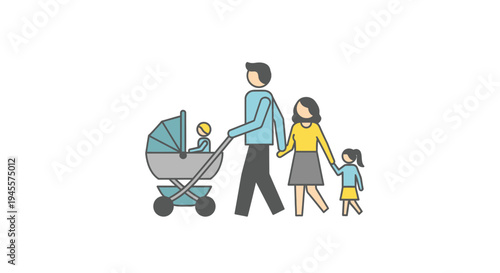 Family Walking Together with Baby Stroller.