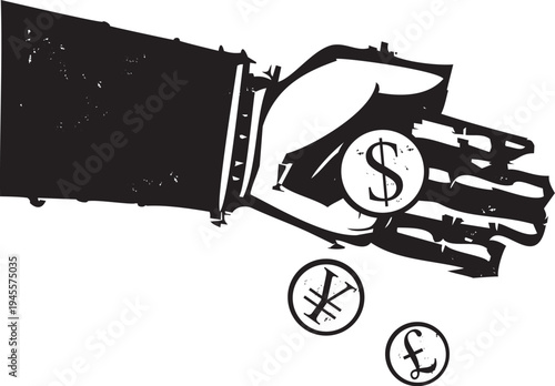 Woodcut style image of a banker's hand dropping different nations coins