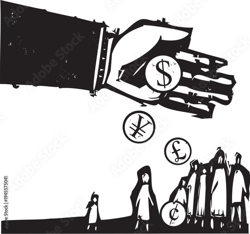 Woodcut style image of a giant bankers hand giving money to the poor.