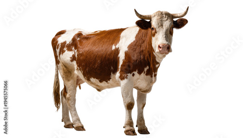 Slika na platnu Isolated adult brown and white dairy cow standing on a clear background, farm an