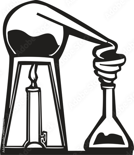 Woodcut style image of a chemistry alembic