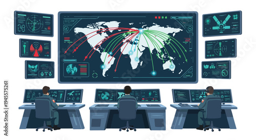 Illustration of a defense team monitoring a missile defense system on multiple screens displaying a world map and data in a control room with a flat 2D concept.