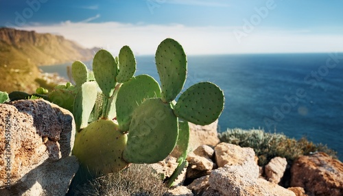 Opuntia Cactus With Flat Pads Growing Among Stones And Sea Desert Plant With Green Segments And Spines Natural Close Up In Daylight Arid Landscape Background Succulent Species In Rocky Environment