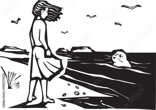 Woodcut style image of girl looking at a seal in the water