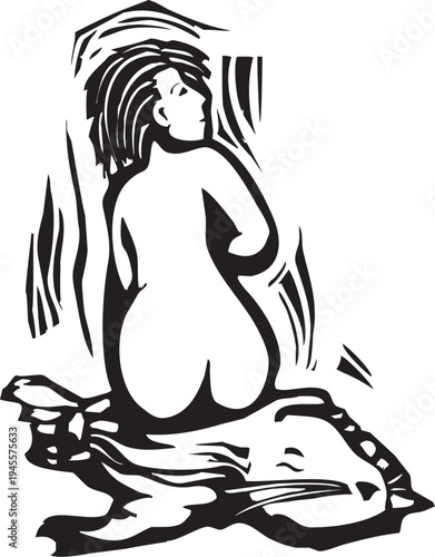 Woodcut style image of a mythical selkie seal woman